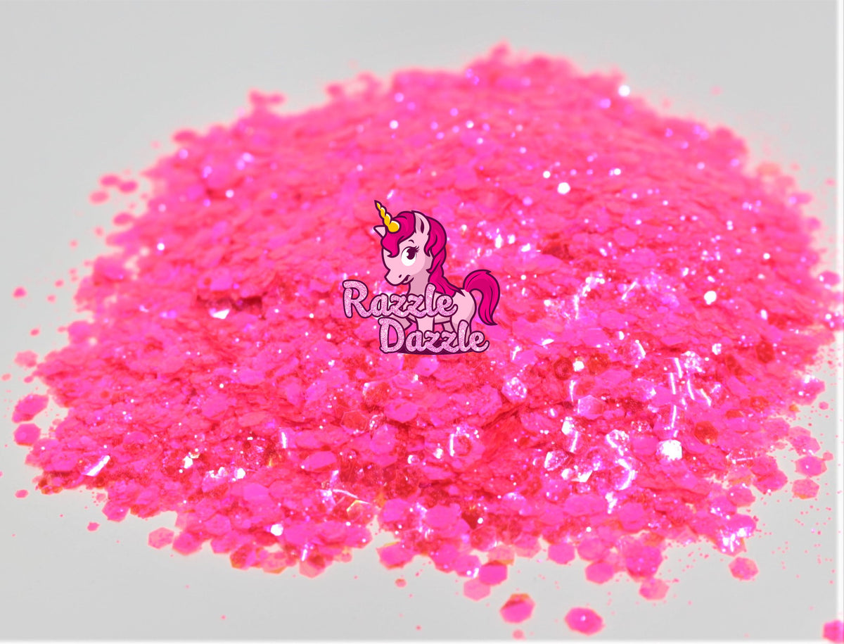 Razzle Dazzle Pink Flamingo Pink Glitter with Golden Highlights, Cut Size -  Fine Cut (1/64), 2 Oz 